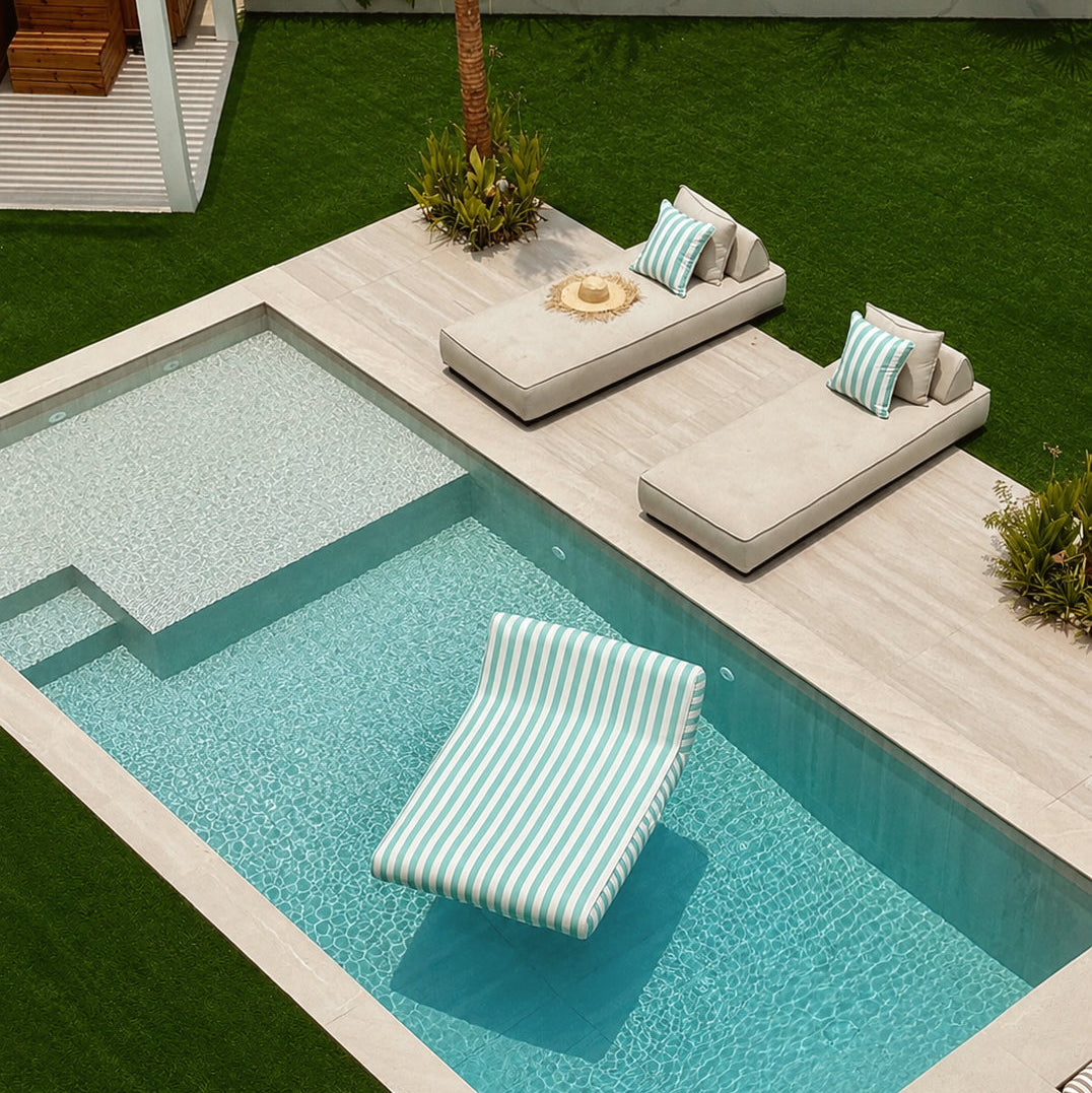 Set of two Riviera 50 outdoor cushions by homesoda.store, featuring vibrant, weather-resistant fabric for patio seating.