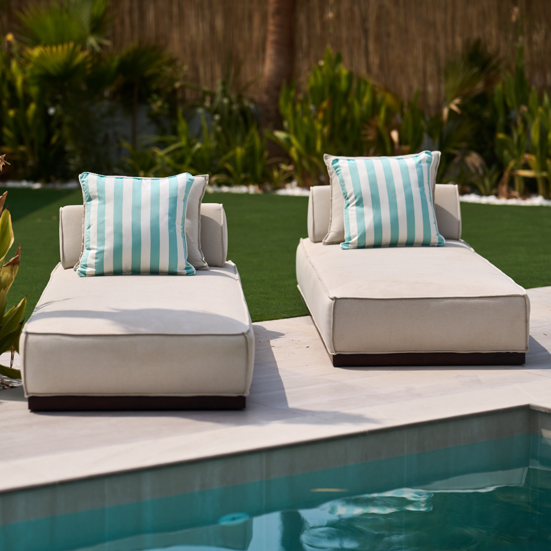 Two Riviera 50 outdoor cushions by homesoda.store, colorful padded cushions for outdoor patio furniture, set of two.