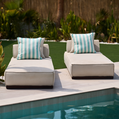 Two Riviera 50 outdoor cushions by homesoda.store, colorful padded cushions for outdoor patio furniture, set of two.