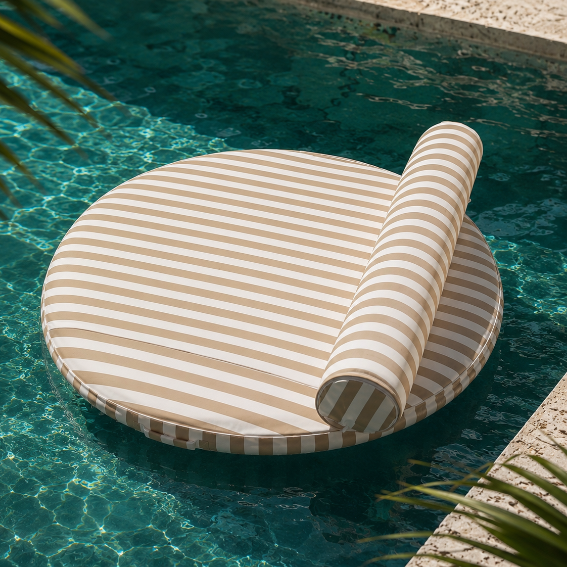 Striped round pool float with inflatable cylinder shaped head rest floating in a pool