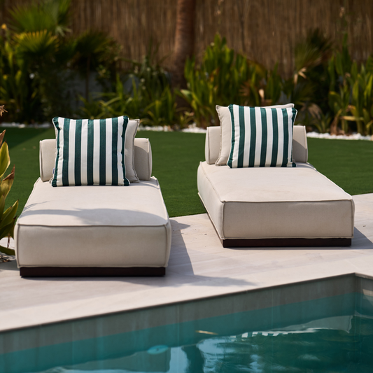 Set of two Palm Green outdoor cushions from homesoda.store, featuring vibrant green fabric and plush cushioning for patio seating.