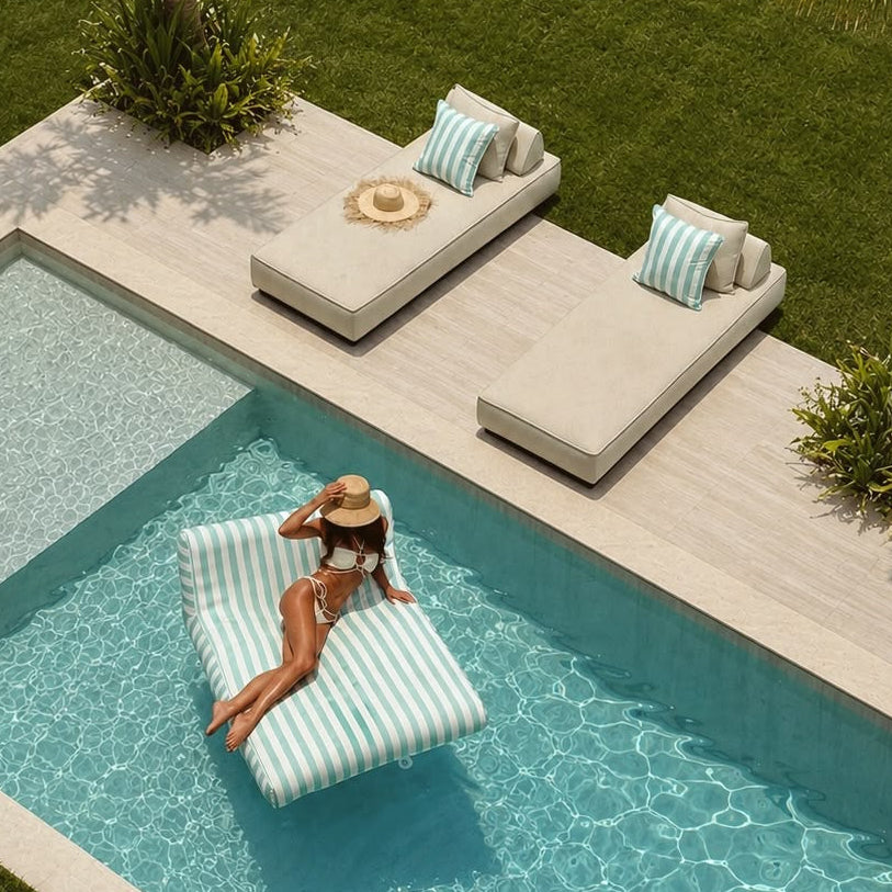 Pair of Riviera 50 outdoor cushions by homesoda.store, featuring colorful fabric with plush padding for patio seating.