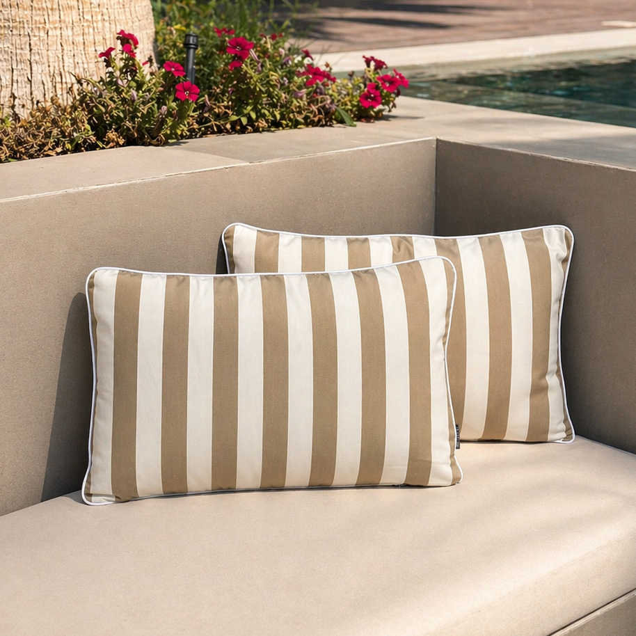 Taupe 60-inch outdoor cushion set by homesoda.store, showing two weather-resistant cushions with a plush, comfortable design.