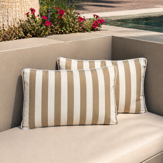 Taupe 60-inch outdoor cushion set by homesoda.store, showing two weather-resistant cushions with a plush, comfortable design.