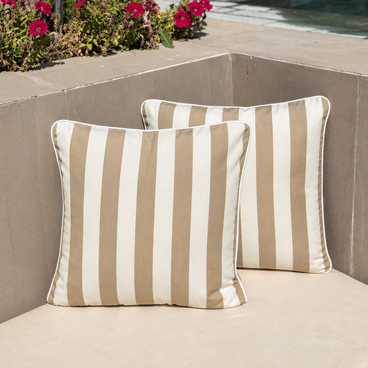 Set of two taupe outdoor cushions from homesoda.store, featuring plush fabric and comfortable design for outdoor seating.