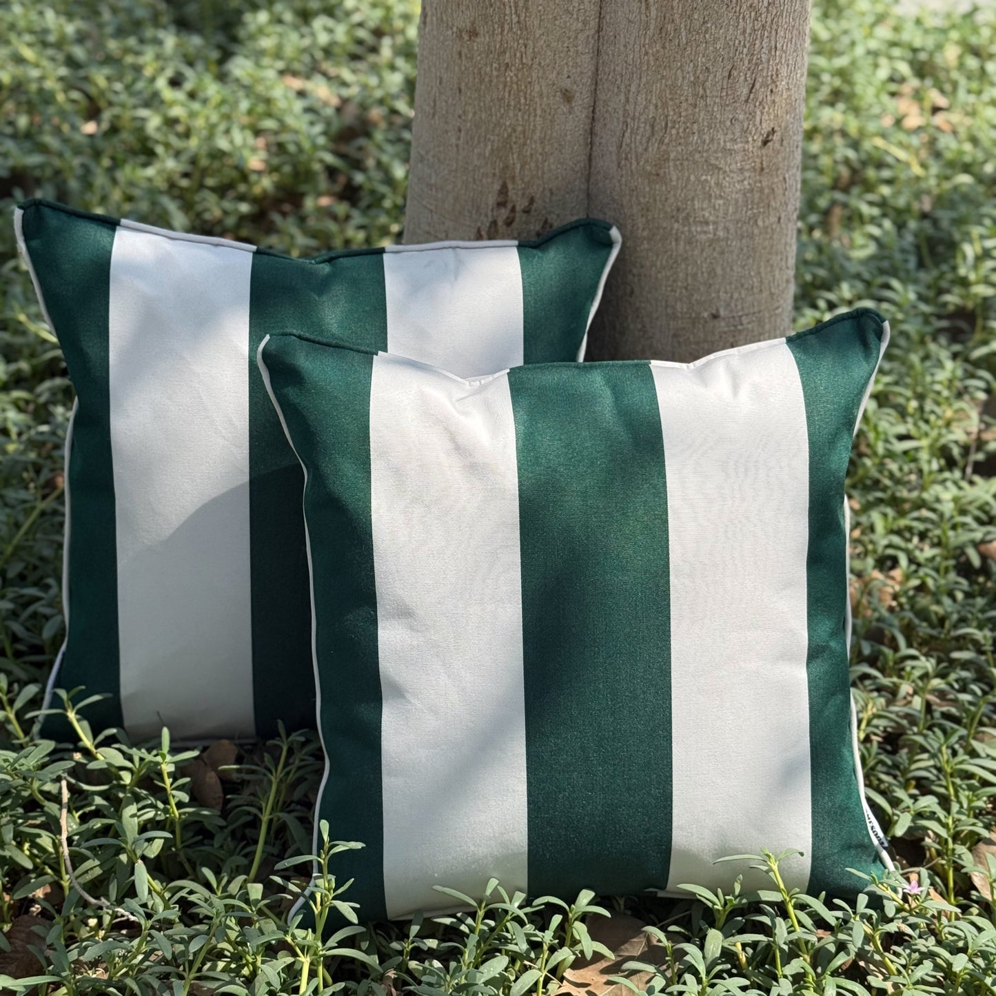 Two green and white striped pillows on a grassy surface.