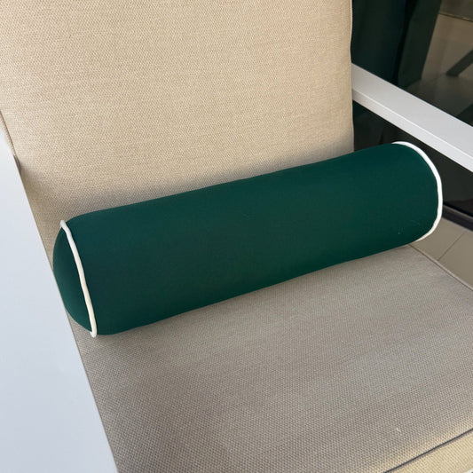 green bolster sun bed cushion wih white piping