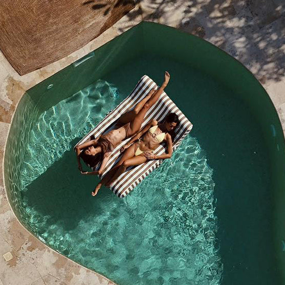 Double Lilo cocoa-colored inflatable sofa from homesoda.store, showing a cozy, double-seated pool float with comfortable cushions.